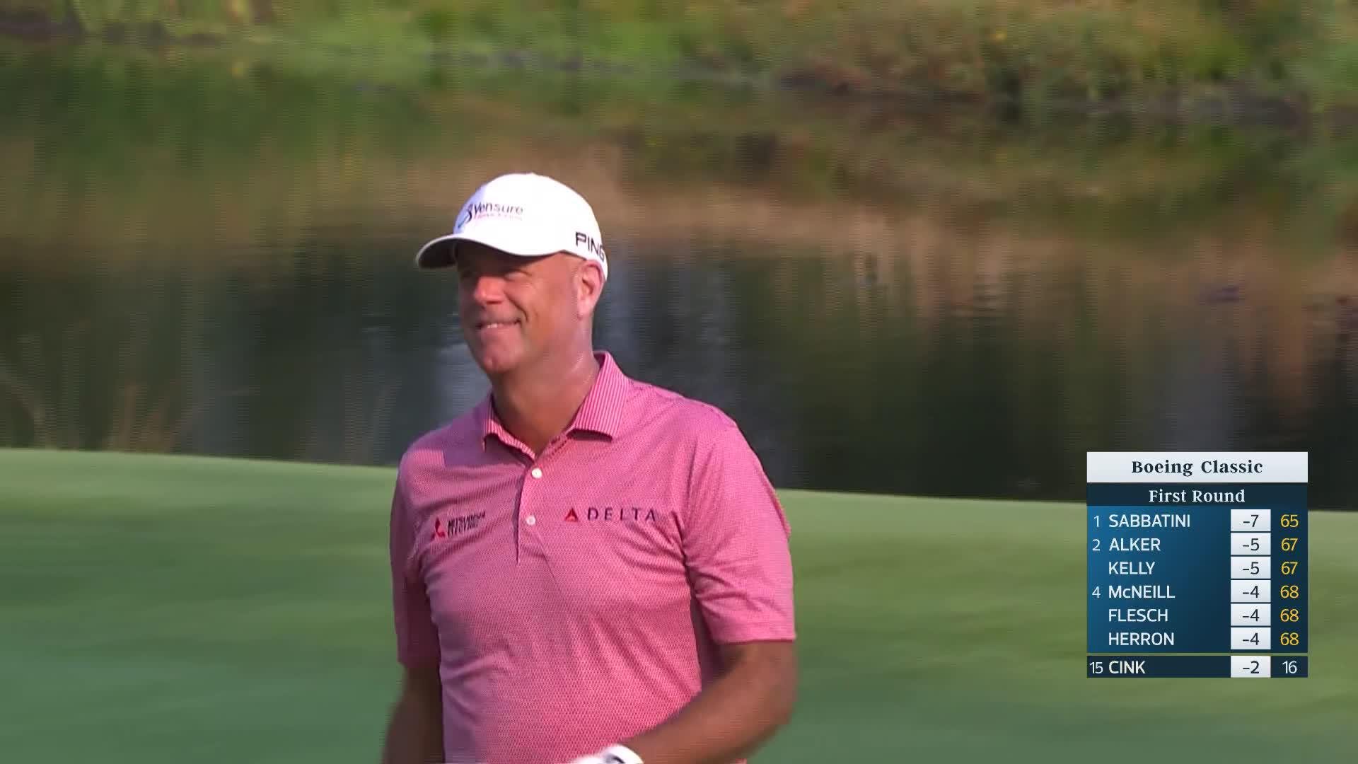 Stewart Cink holes out for birdie on No. 17 at Boeing Classic