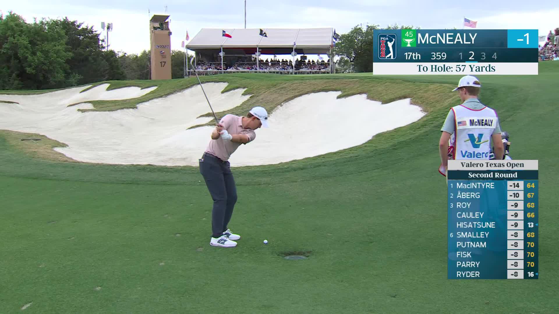 Maverick McNealy hits 55-yard approach to 5 feet, sets up birdie on No. 17 at Valero