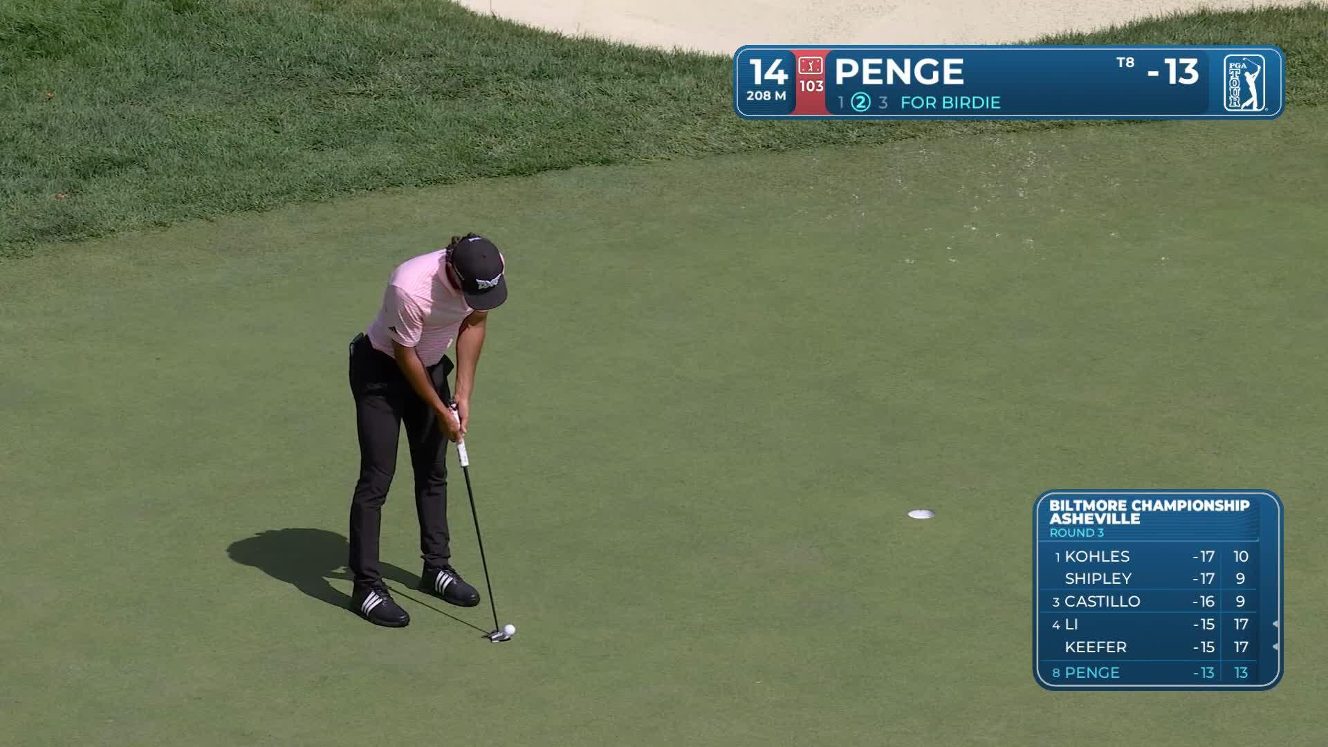 Marco Penge drains 7-foot putt for birdie on No. 14 at Biltmore Championship