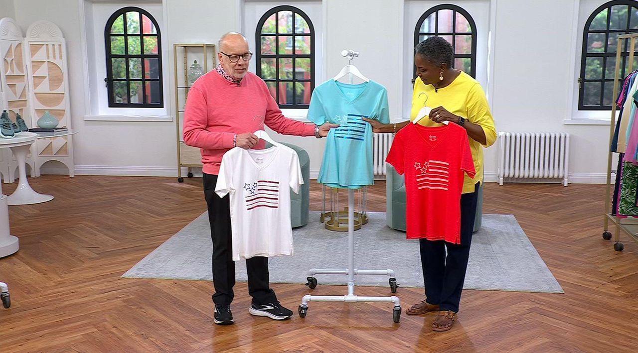 Denim & Co. Americana Favorite Jersey Sequin Flag V-Neck Top - QVC.com