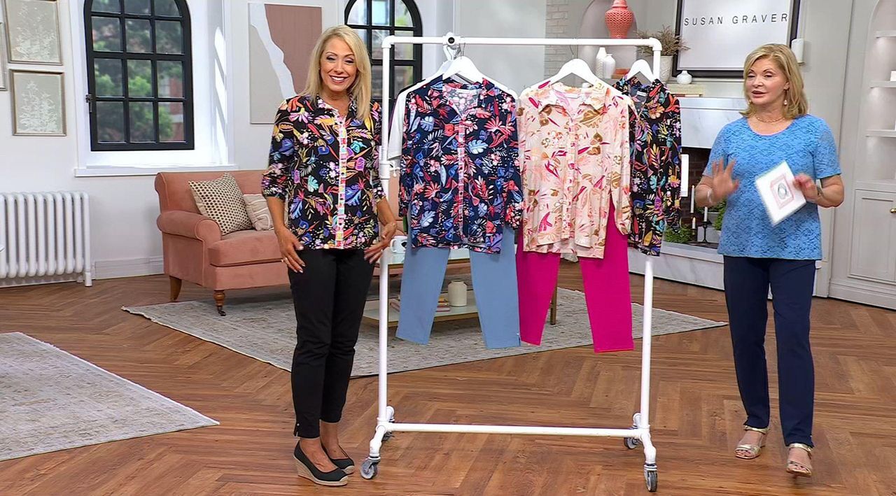 Susan Graver Printed Liquid Knit Button Front Top - QVC.com