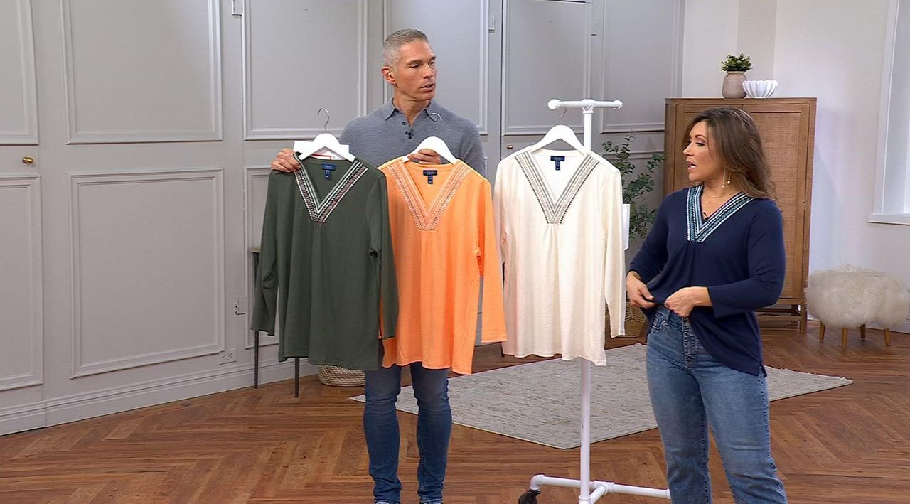 Denim & Co. Beach Knit Gauze Embroidered V-Neck Tunic - QVC.com