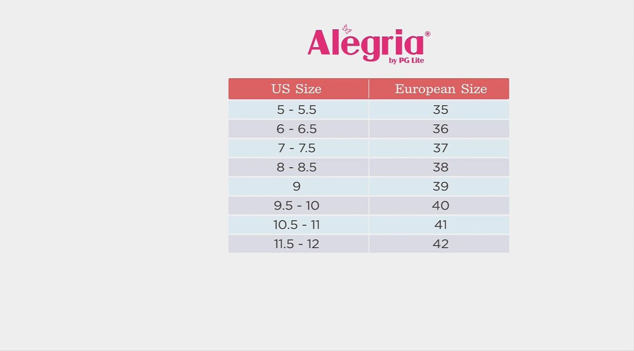 Alegria by pg lite size chart on sale