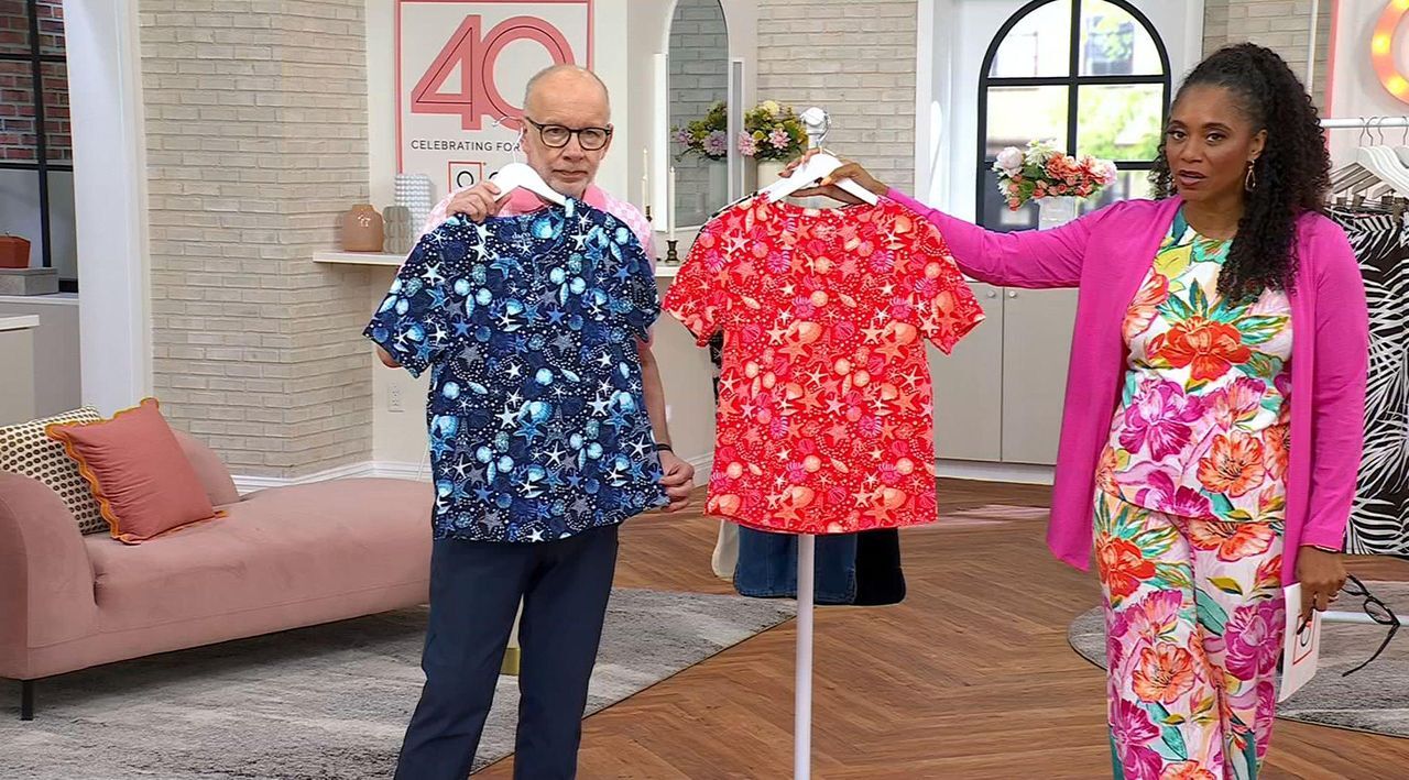 トップス ANDREA & Co. Denim & Co. Active Printed French Terry Split Neck Top - QVC.com