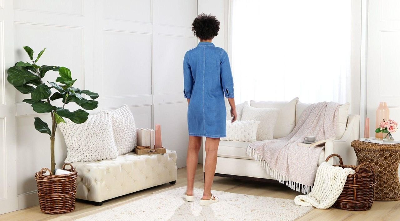 martha stewart denim dress Martha Stewart Short Sleeve Denim Shift Dress Medium XS A307752 QVC