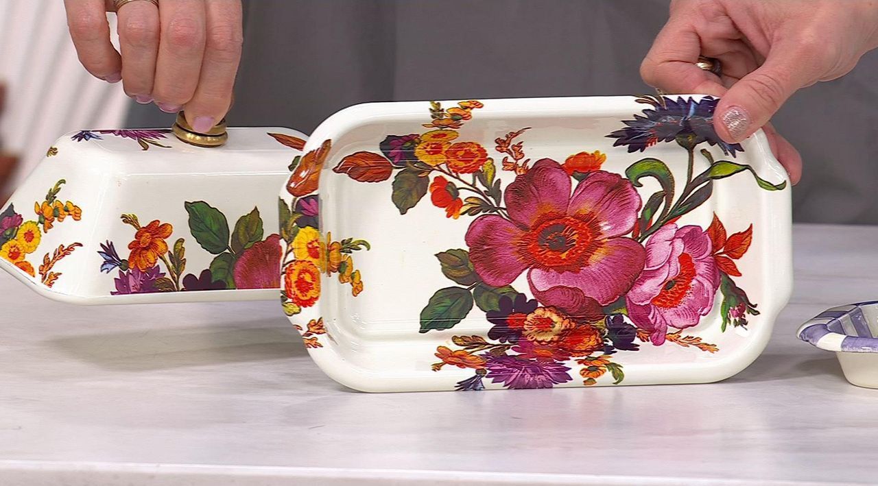 Mackenzie- Childs Violet Check Enamel Butter Box - QVC.com