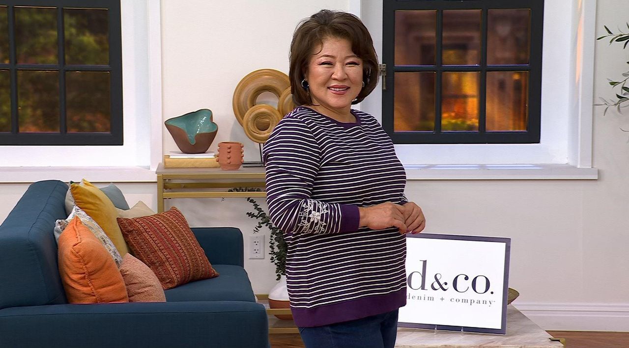 Denim & Co. Yarn Dye Stripe French Terry Pullover with Embroidery