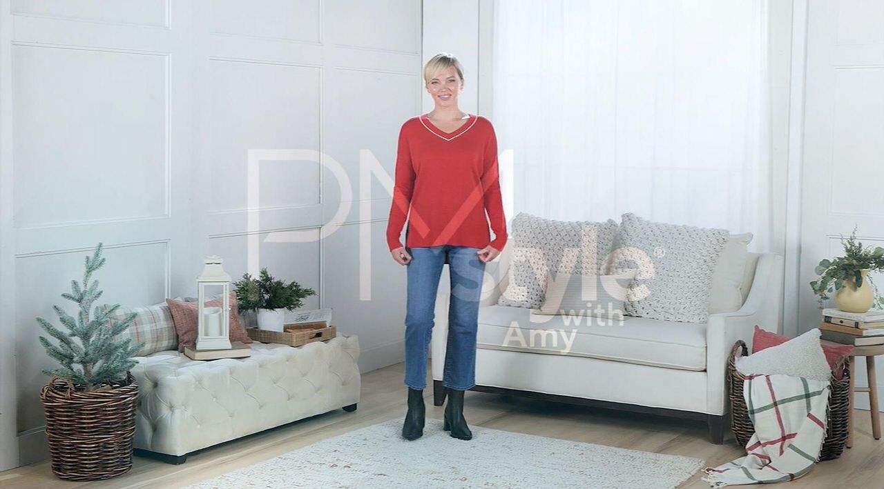 Studio Park x Amy Stran V-Neck Heart Sleeve Sweater - QVC.com