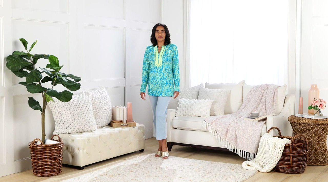 Bellisima by Kim Gravel Petite Cabana Knit Palm Trim Tunic - QVC.com