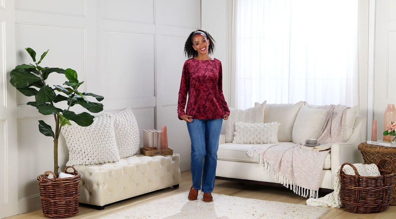 Denim & Co. Printed Velvet Long Sleeve Boat Neck Top - QVC.com