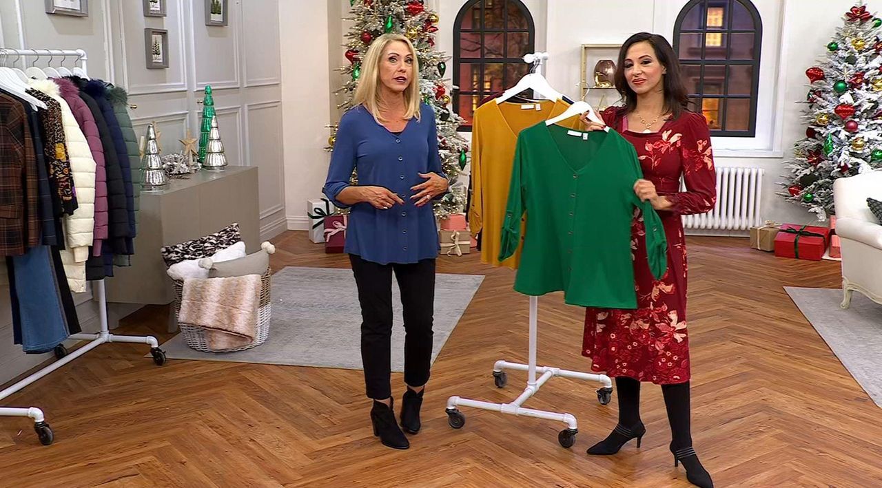Susan Graver Liquid Knit V-Neck Button Trimmed Roll Tab Top - QVC.com