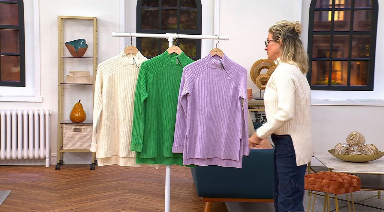 Peace Love World High-Low Ribbed Sweater with Zip Neck