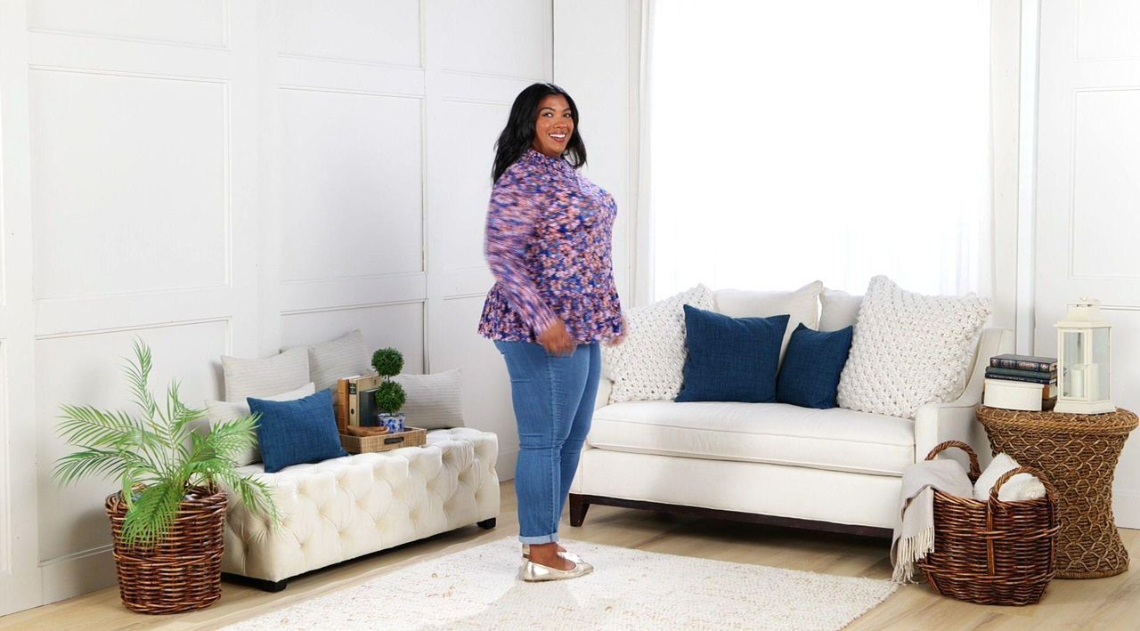 LOGO by Lori Goldstein Floral Print Lace Mock Neck Top - QVC.com