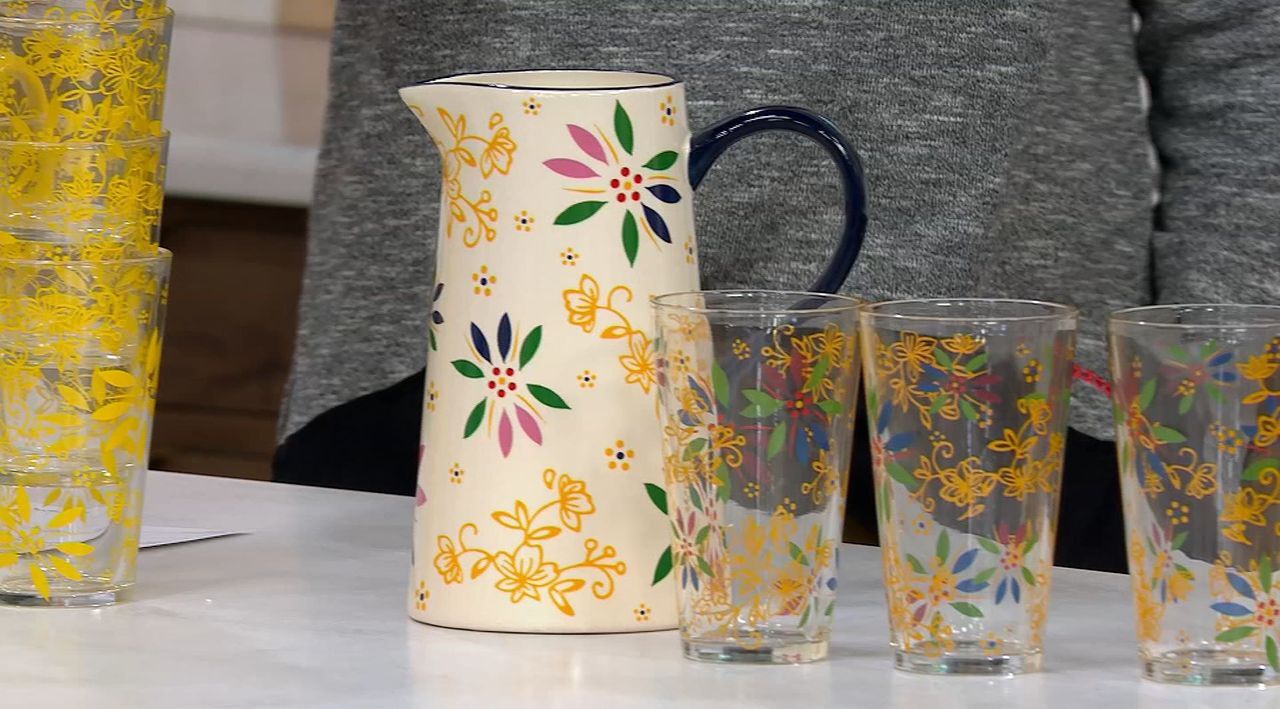 Adorable Little Floral Glass Juice Pitcher With Red and Yellow Flowers and  4 Matching Glasses 