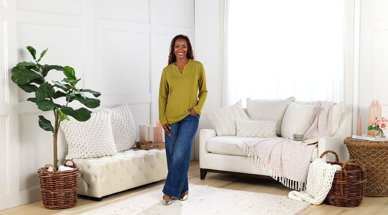 Denim & Co. Essentials Heavenly Jersey Split Neck Top - QVC.com