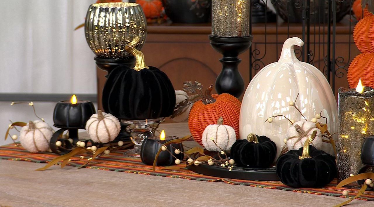 Set of 3 Flocked Pumpkins with Gold Stems by Valerie - QVC.com