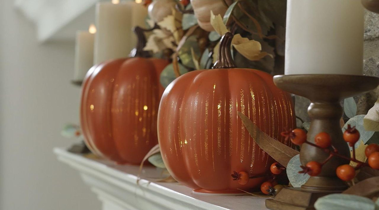 Set of 2 Illuminated Starry Night Glass Pumpkins by Valerie Set of 2 Illuminated Starry Night Glass Pumpkins by Valerie