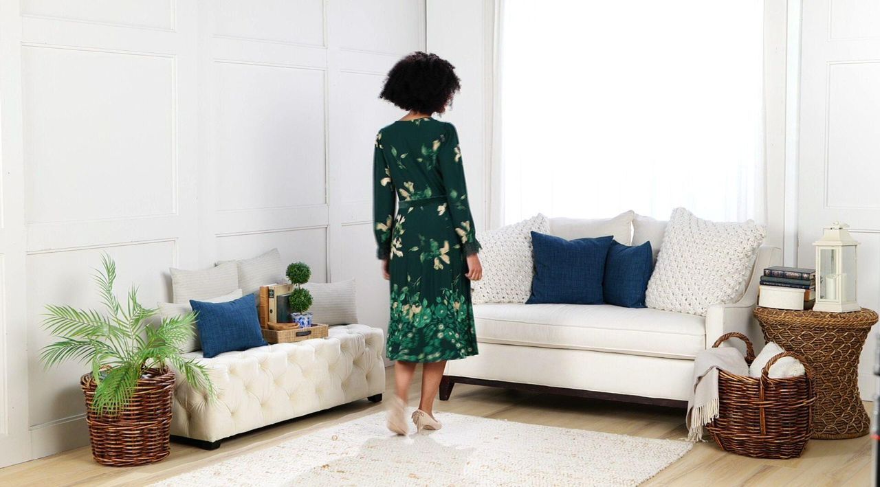 Susan Graver Printed Liquid Knit Lace & Velvet Trim Midi Dress