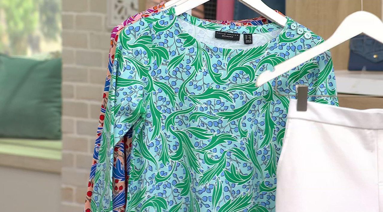 トップス SCHENE Susan Graver Weekend Printed Comfy Cotton Bateau Neck Top