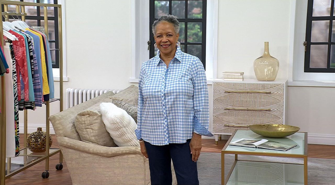 Denim & Co. Gingham Poplin Top with Contrast Print - QVC.com