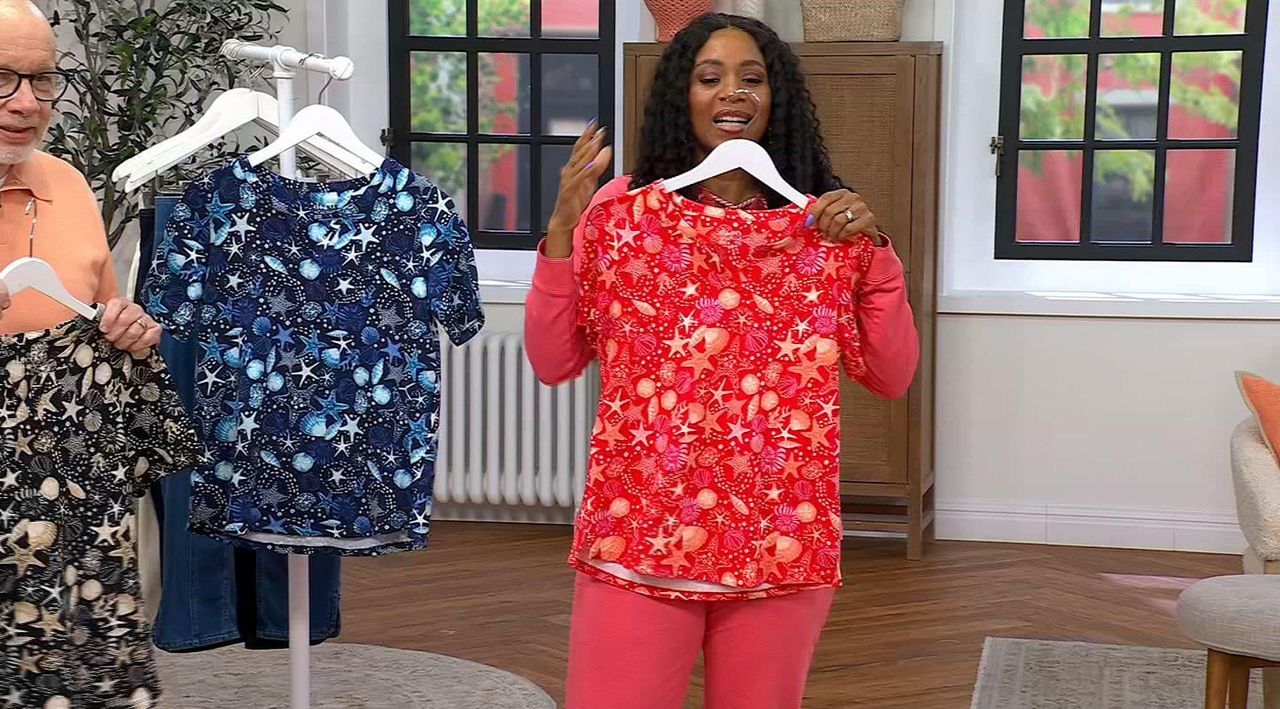 Denim & Co. Active Printed French Terry Split Neck Top - QVC.com