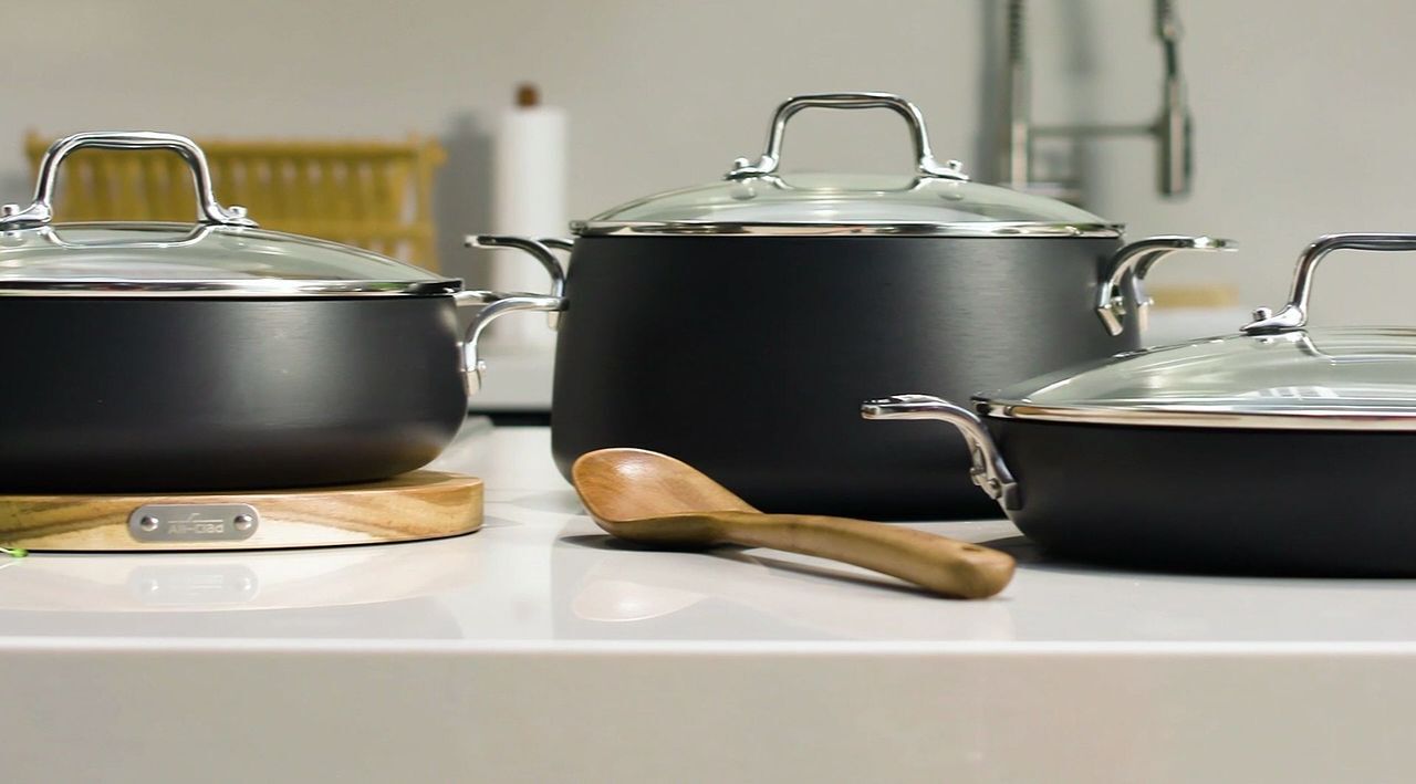 All-Clad HA1 Nonstick Universal Pan with Acacia Wood Trivet & Spoon