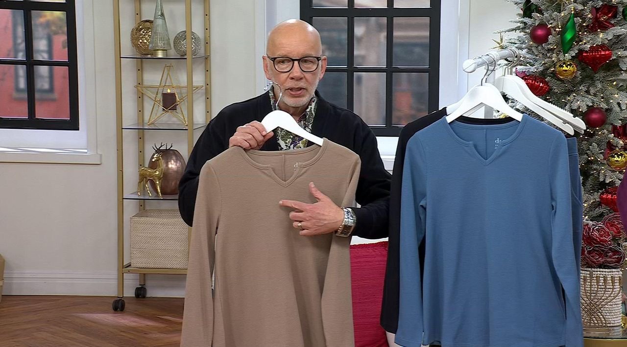 Denim & Co. Essentials Waffle Knit Split Neck Swing Top - QVC.com