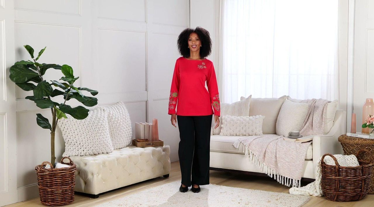 Quacker Factory Poinsettia Floral Bateau Long Sleeves Top - QVC.com