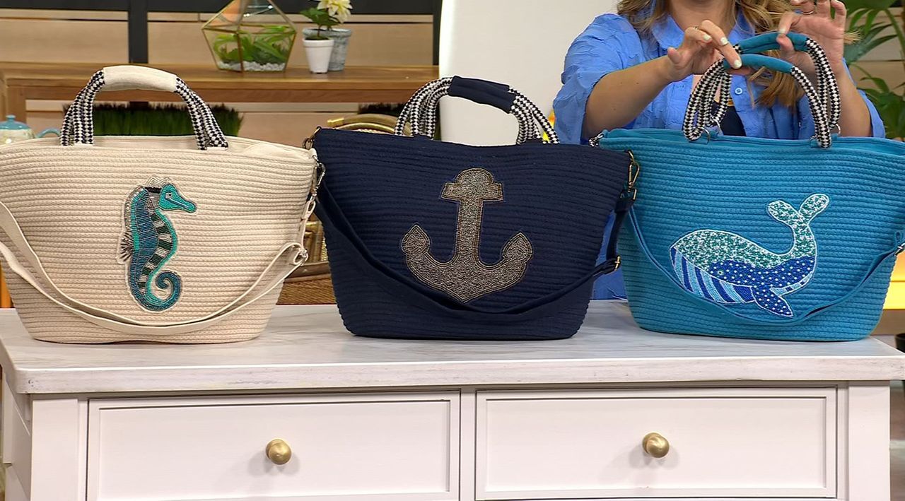 America & Beyond Embellished Jute Tote w/ Crossbody Strap