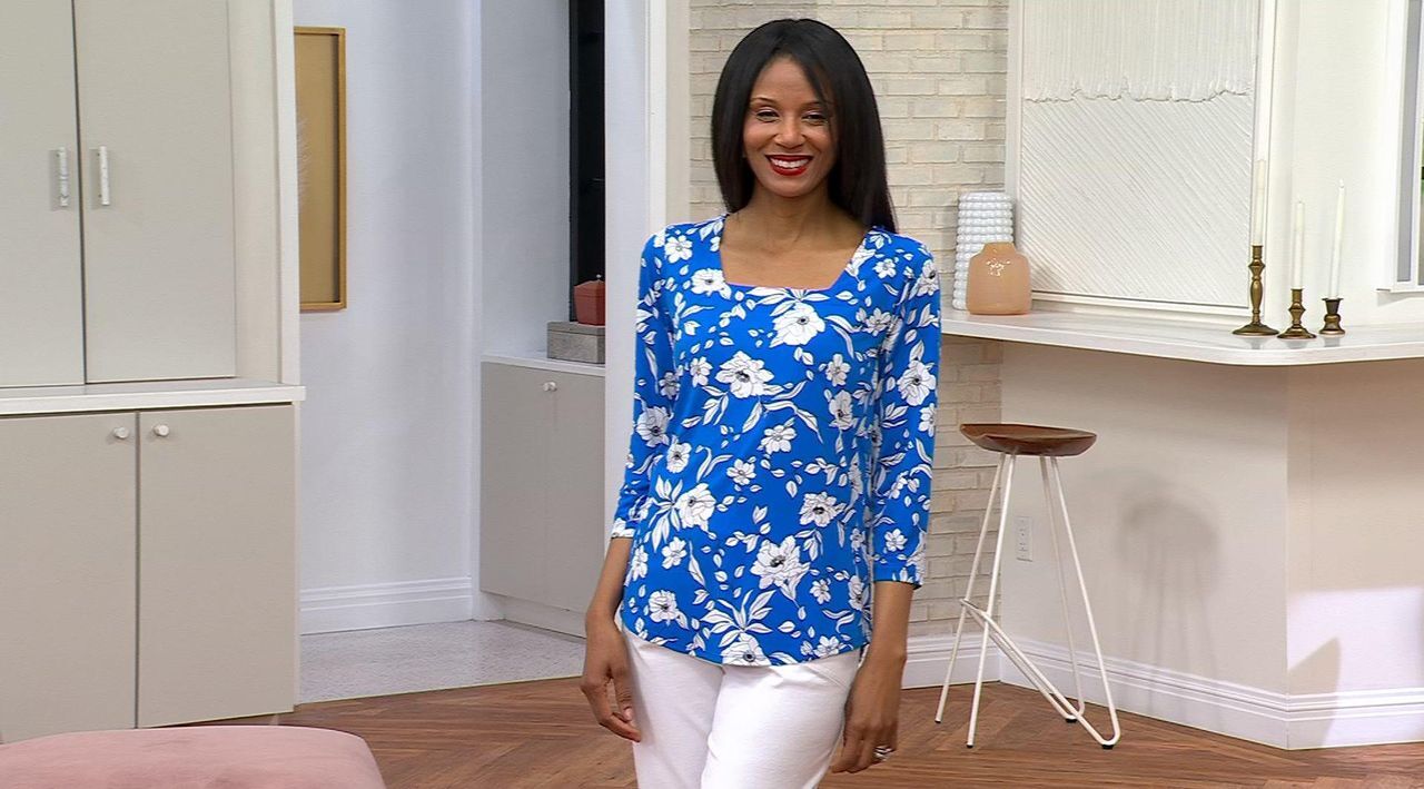 Susan Graver Printed Liquid Knit Square Neck Top w/Shirttail Hem
