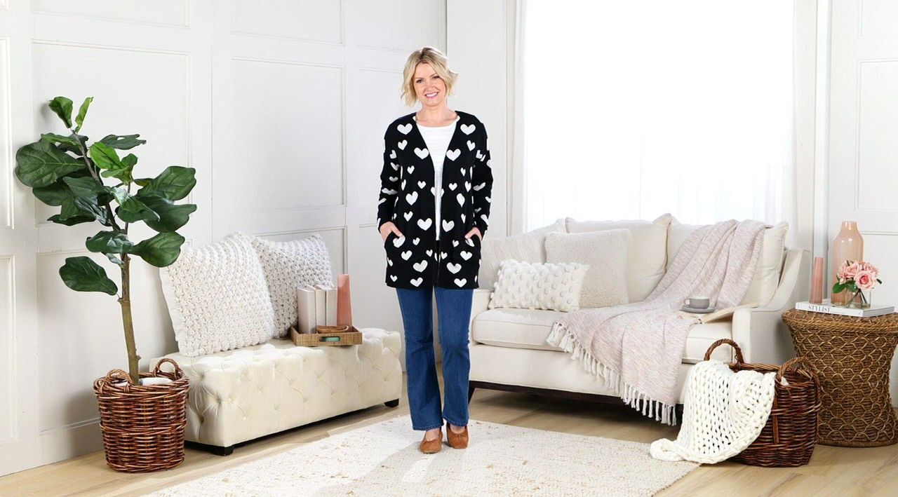 Driftwood Jeans Heart Intarsia Cardigan - Black Heart - QVC.com
