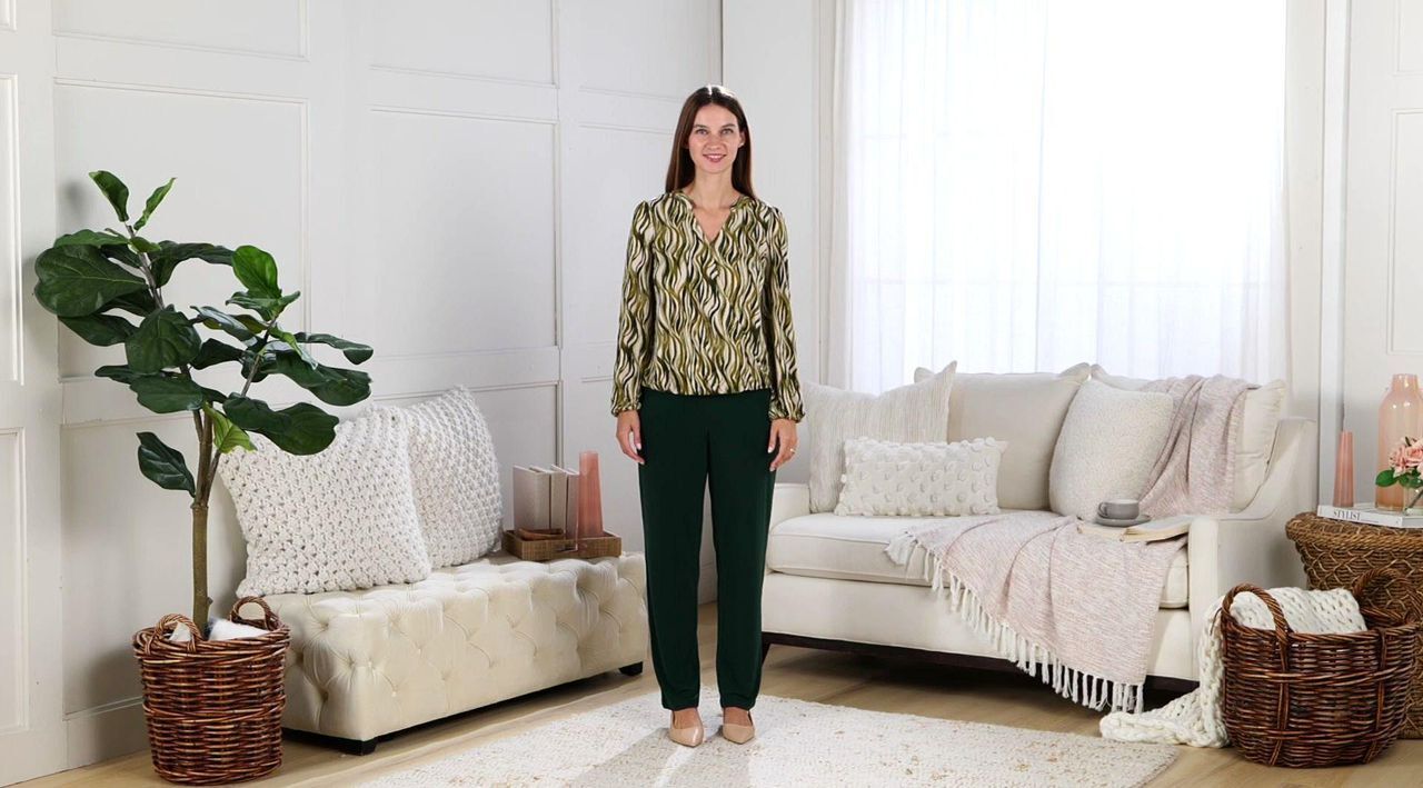 Susan Graver Printed Liquid Knit Surplice Top with Hi-Low Hem