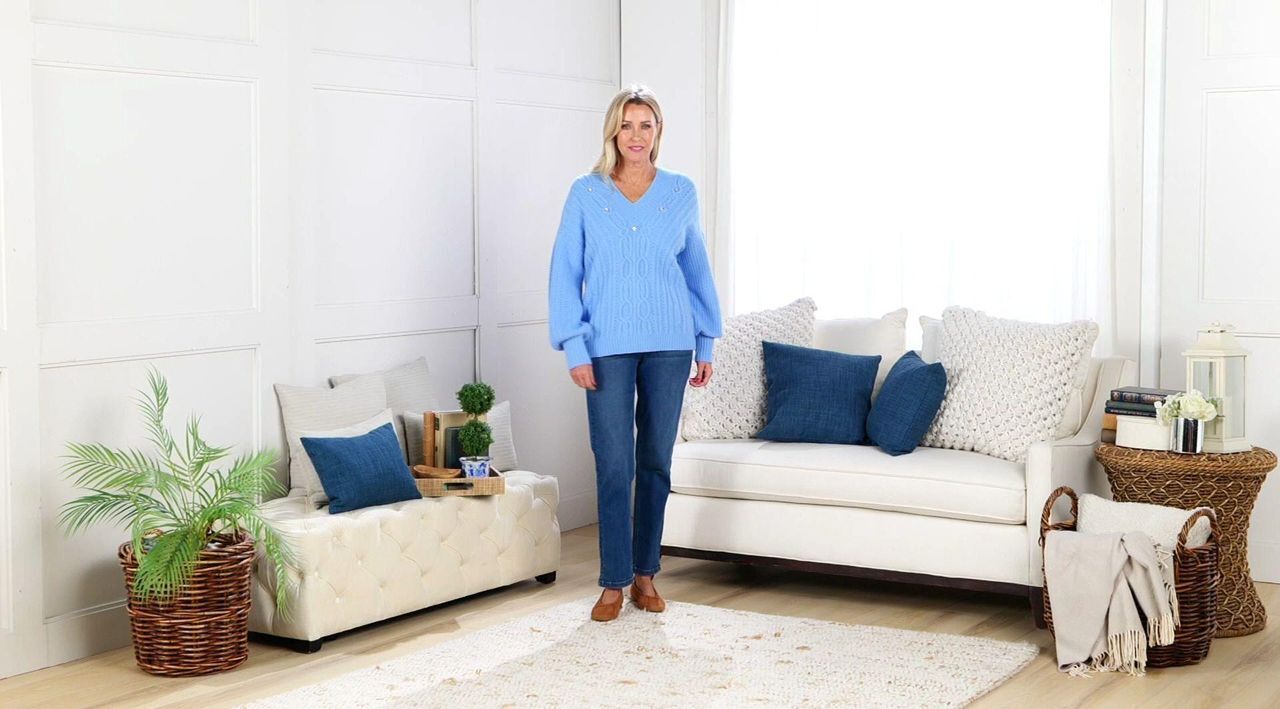 Isaac Mizrahi Live! Apres V-Neck Cable Stitch Sweater with Stones