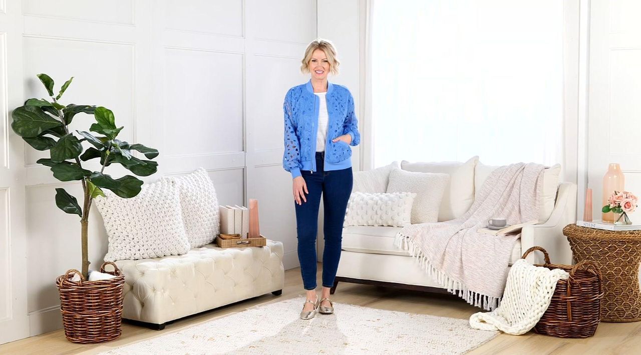 Isaac Mizrahi Live! Zip Front Lace Bomber Jacket with Pockets