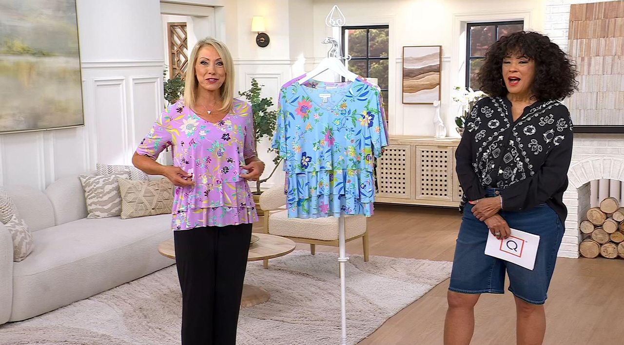 Susan Graver Printed Liquid Knit V-Neck Tiered Top - QVC.com