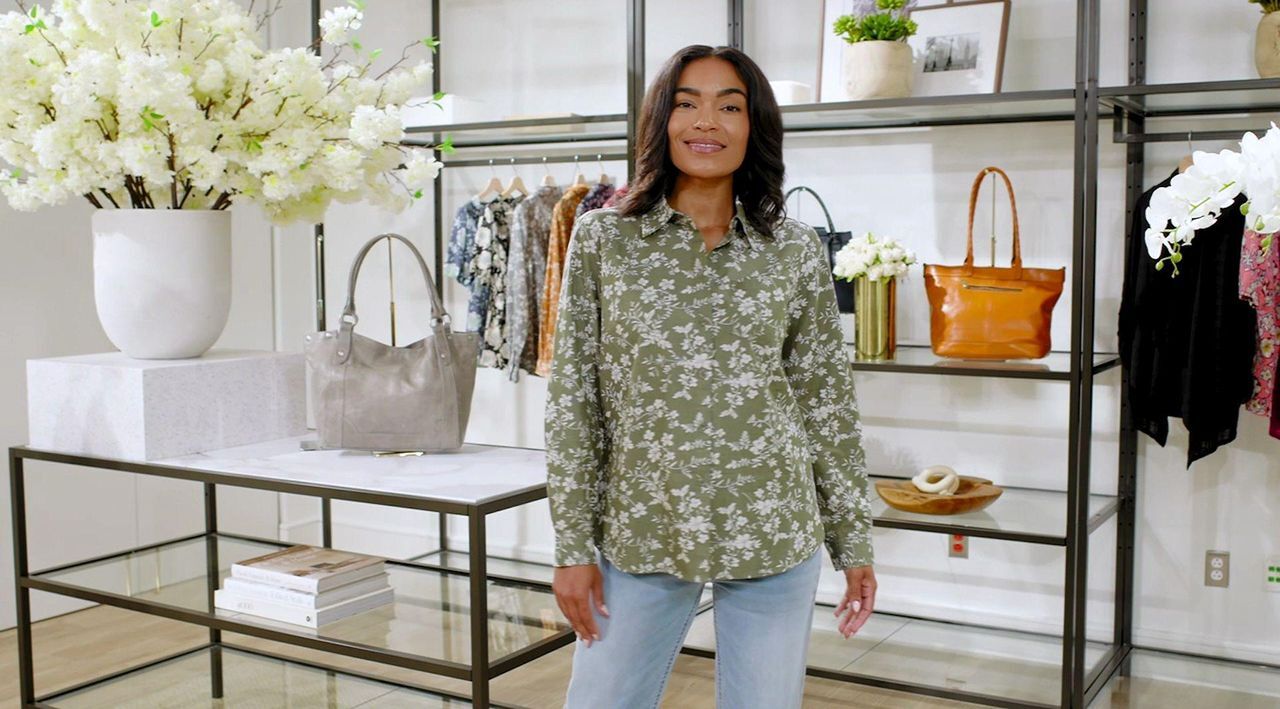 Joan Rivers Cotton Chambray Floral Classic Button Front Shirt