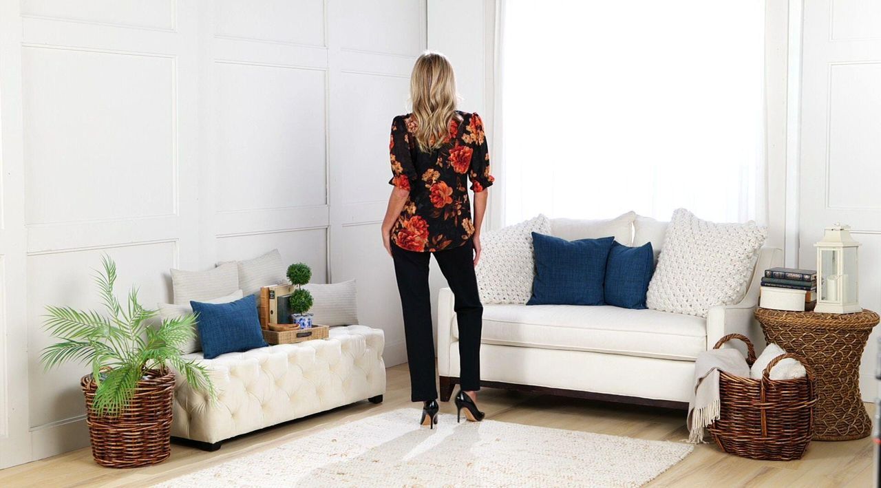 Susan Graver Printed Sheer Clip Jacquard Button Front Puff-Slv