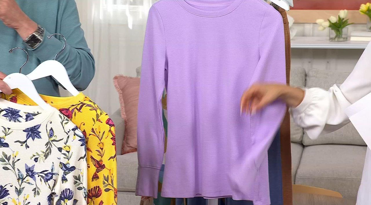 McQ トップス Denim & Co. Waffle Knit Long Sleeve Button Cuff Top - QVC.com
