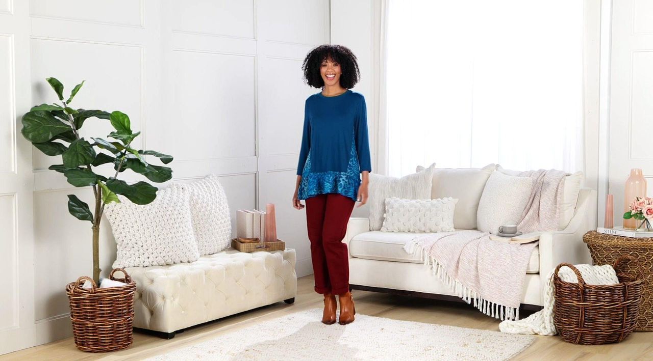 LOGO by Lori Goldstein Mixed Media Top with Ruffle Hem - QVC.com