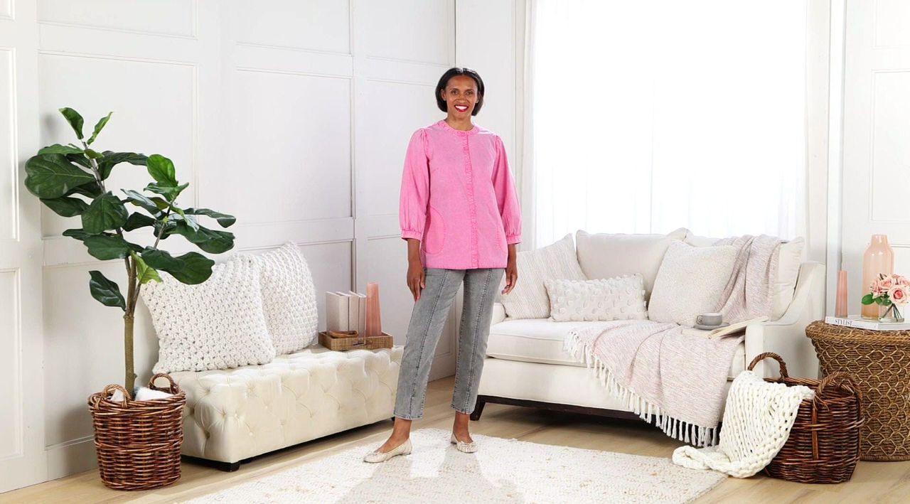 LOGO by Lori Goldstein Button Front 100% Cotton Washed Shirt - QVC.com