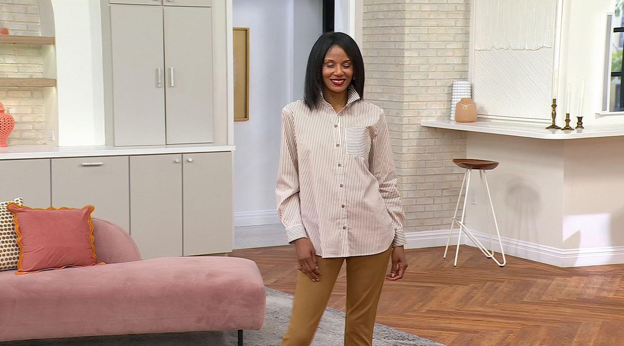 Susan Graver Yarn Dyed Stretch Woven Poplin Button Front Shirt