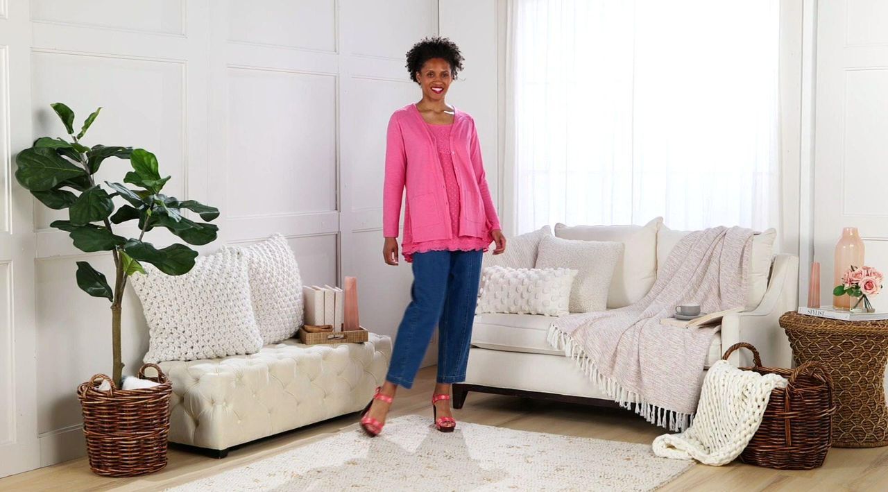 LOGO by Lori Goldstein Regular Knit Cardigan with Clip Dot Trim