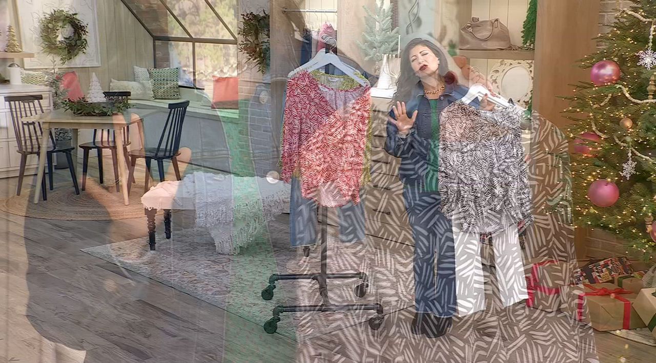 Candace Cameron Bure Smocked Cuff Split Neck Printed Blouse