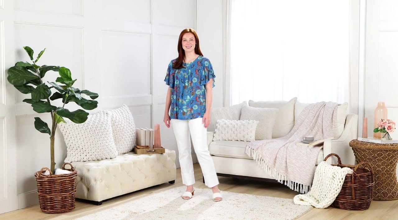 Susan Graver PURE Printed Crinkled Woven Flutter Sleeve Top