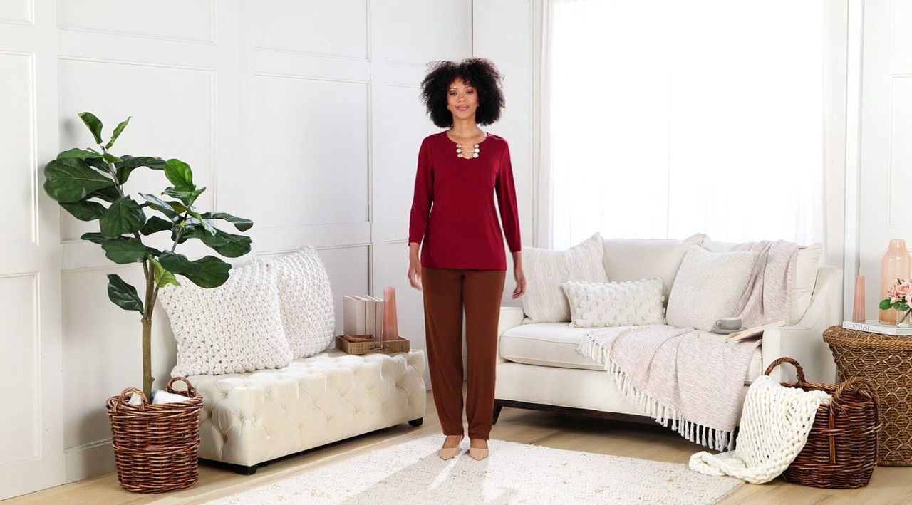 Susan Graver Liquid Knit 3/4-Sleeve Top w/ Chain Detail