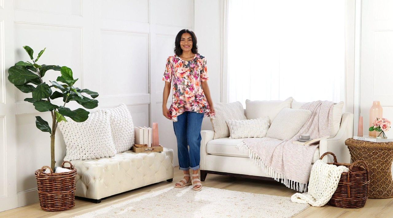 ス❣️logo knit tops ivory LOGO by Lori Goldstein Rayon 230 Knit Ruffle Hem Top - QVC.com
