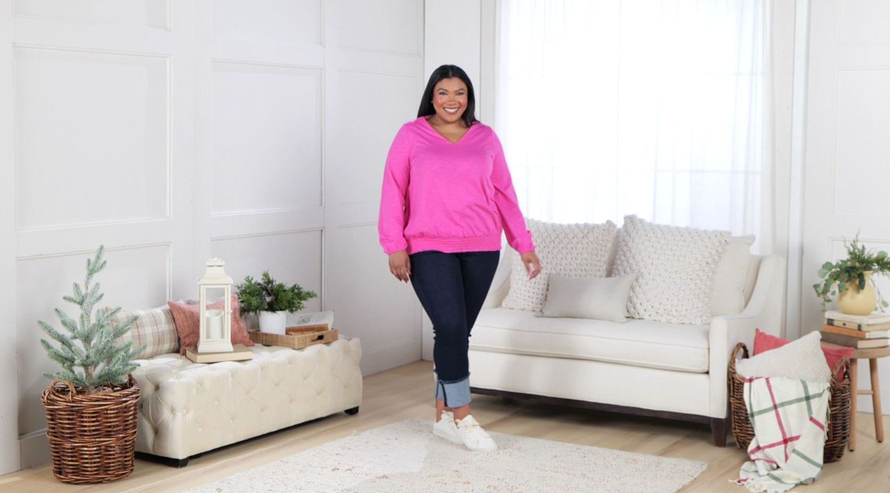 Belle by Kim Gravel Slub Knit Smocked Waist V Neck Top - QVC.com Belle by Kim Gravel Slub Knit Smocked Waist V Neck Top - QVC.com