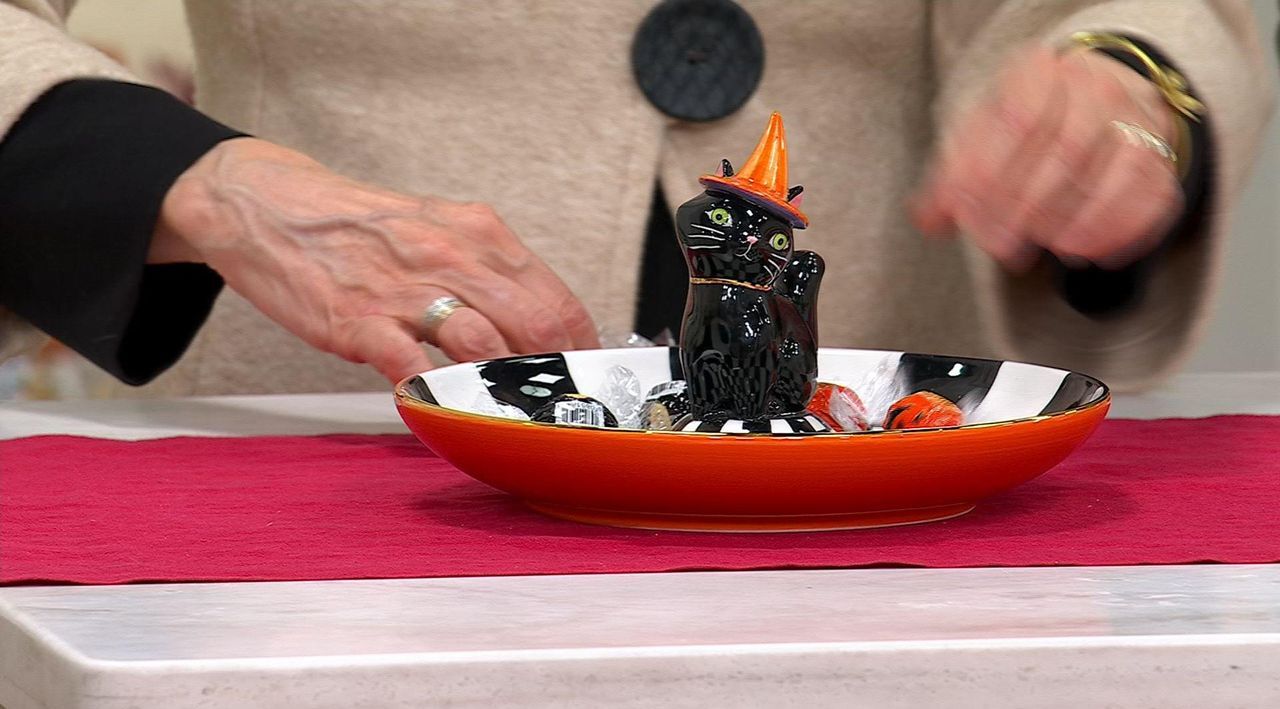 MacKenzie- Childs Trick or Treat Cat Check Candy Dish - QVC.com