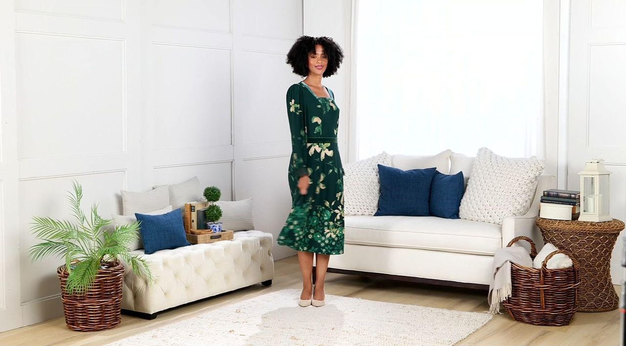 Susan Graver Printed Liquid Knit Lace & Velvet Trim Midi Dress