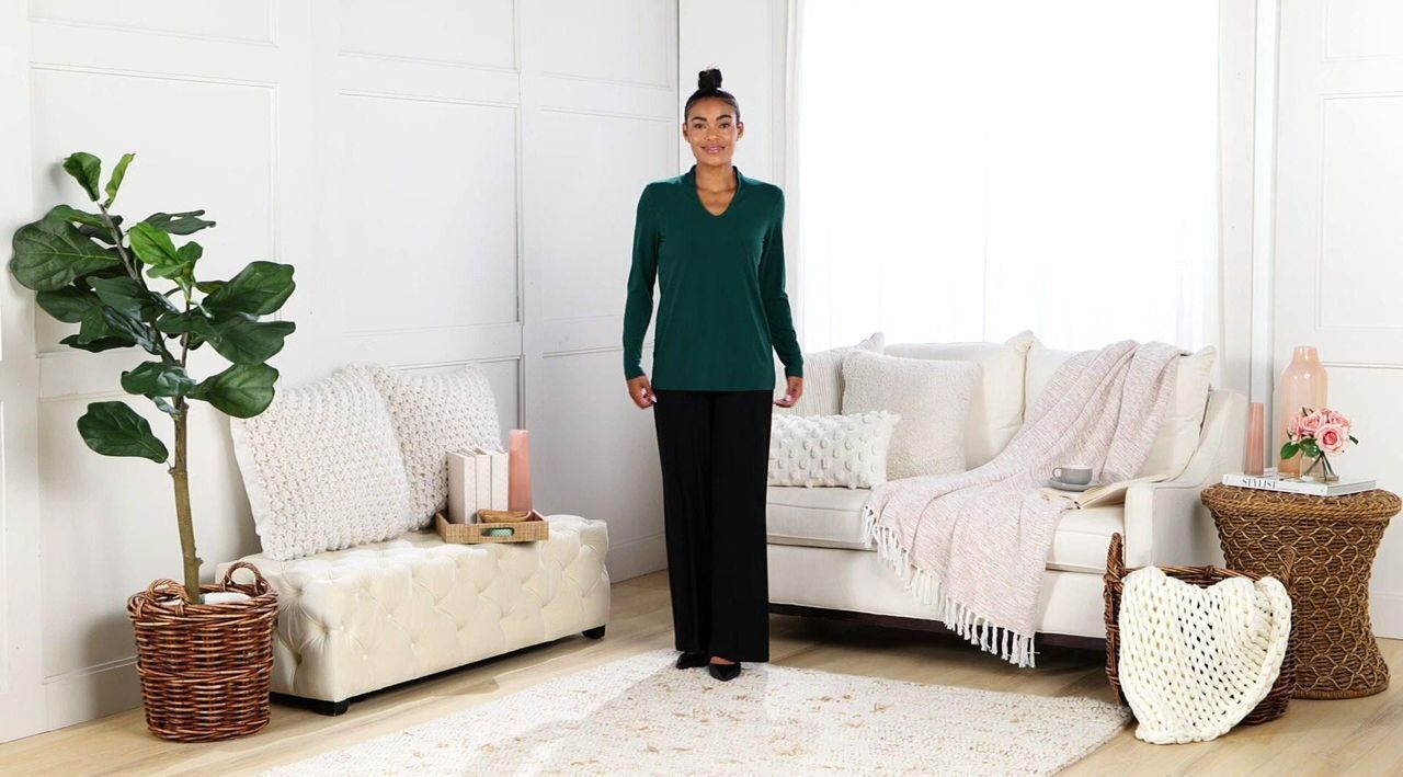 Susan Graver Modern Essentials Liquid Knit Voop Neck Top - QVC.com Susan Graver Modern Essentials Liquid Knit Voop Neck Top - QVC.com